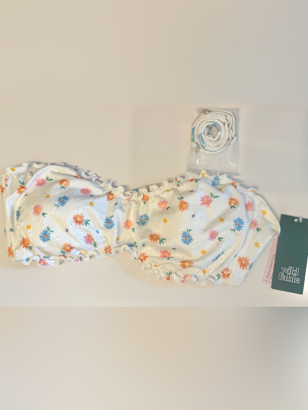 wild fable White Bikini Top with Blue, Pink & Orange Floral Print ruffles eyelet